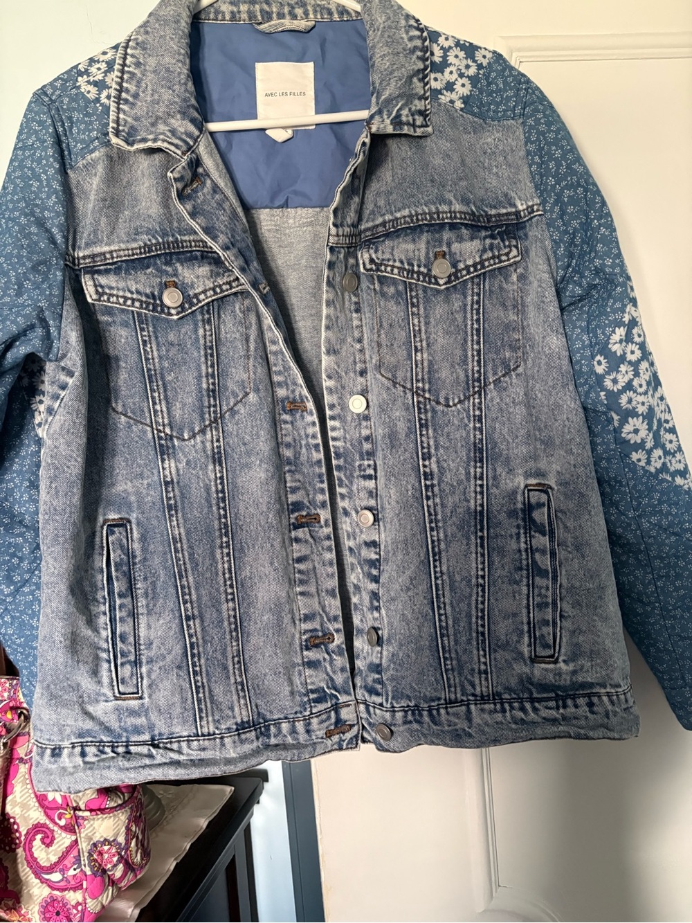 Avec Les Filles Blue Denim Jacket with Floral Sleeves